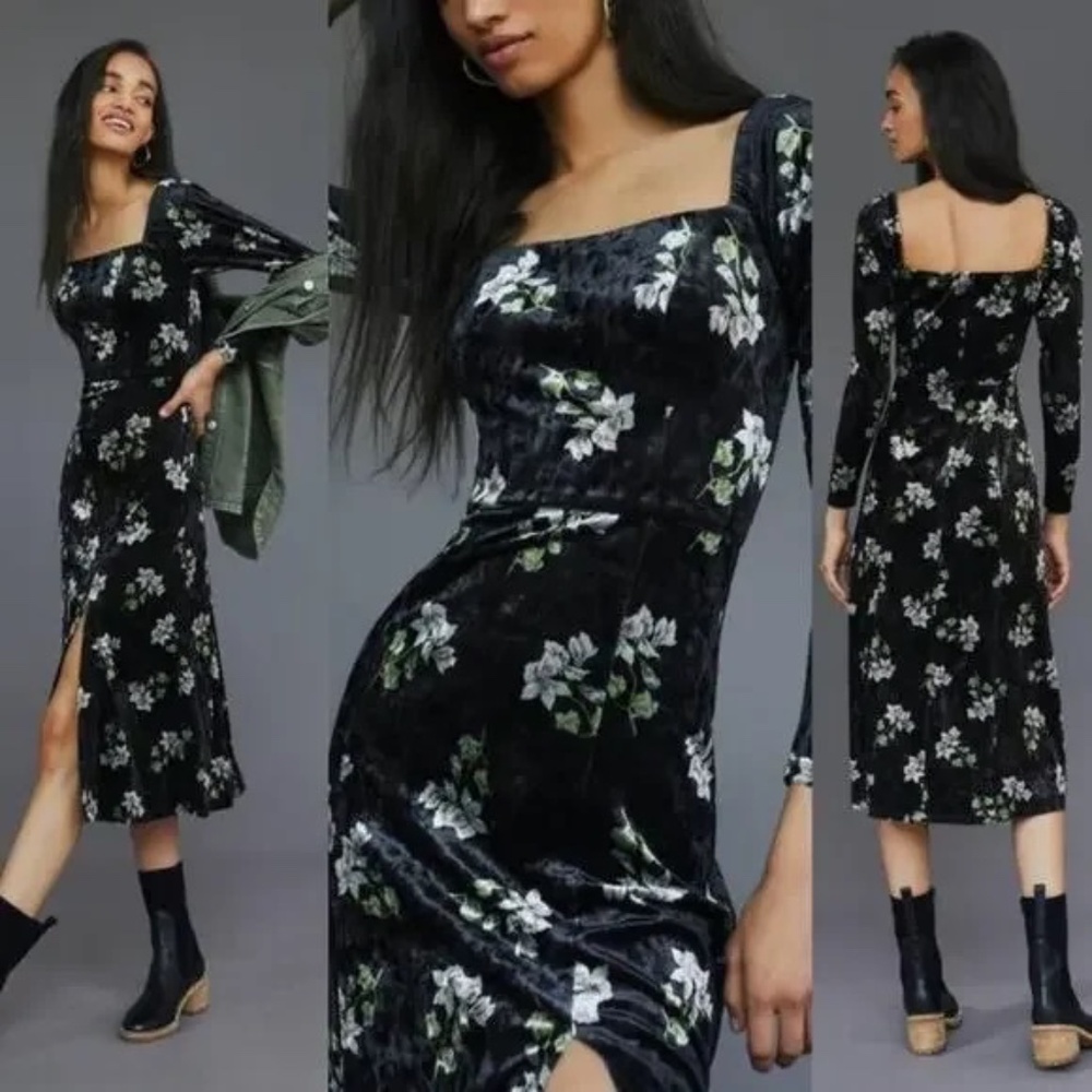 ANTHROPOLOGIE HUTCH SCRUMPTIOUS BLACK & BLUE FLORAL VELVET MIDI DRESS